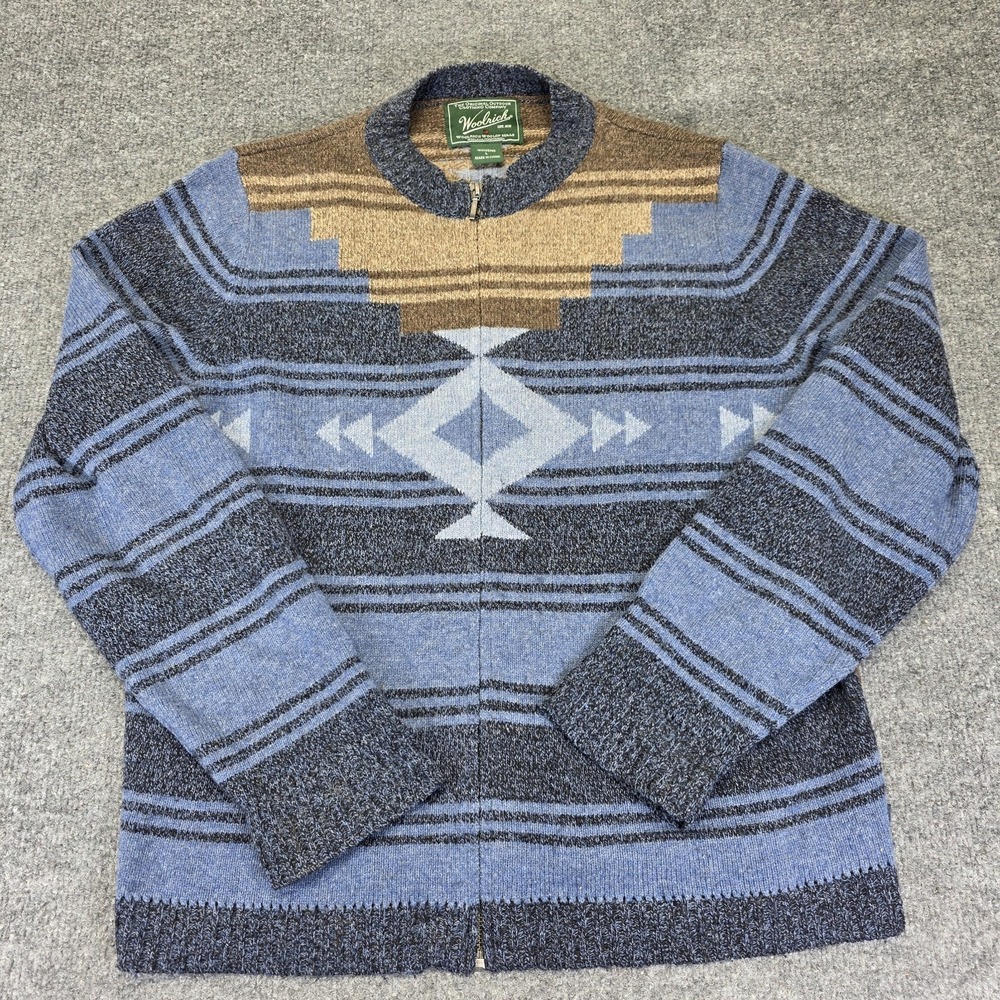 Woolrich Zip Up Lambswool Sweater Womens Size‎ Large Aztec Blue Gray